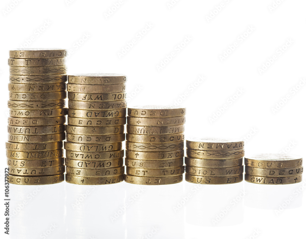 British Pound Sterling coins in decreasing heights British Pound Sterling coins in decreasing heights
