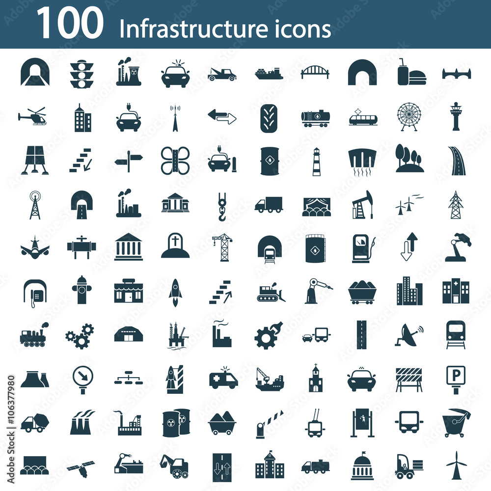 Set of one hundred industry and infrastructure icons - obrazy, fototapety, plakaty 