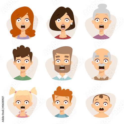 Vector set beautiful emoticons face of people character fear avatars. 