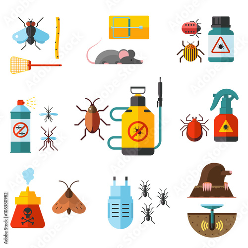 Home pest control expert exterminator service flat icons set with rat and cockroach abstract isolated vector illustration