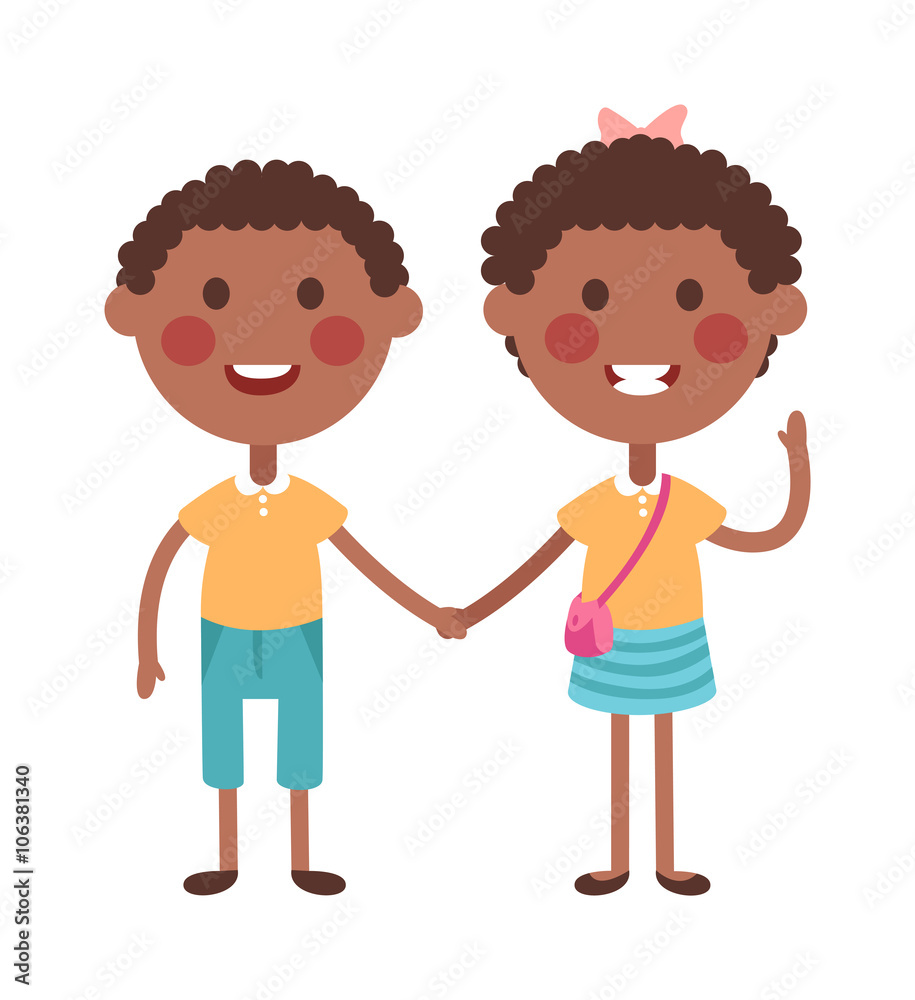 Twins happy kids holding hands boy and girl vector illustration. 
