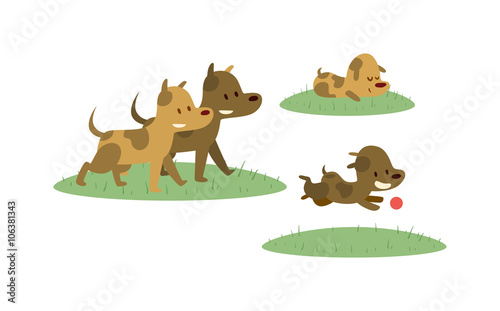 Happy family walking with dog in green field