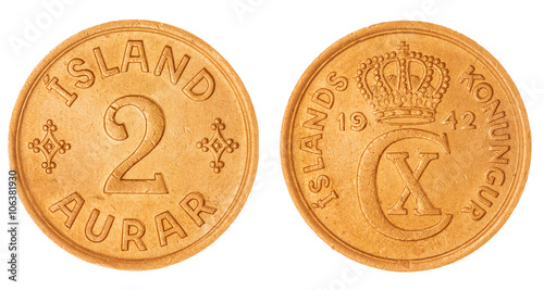 2 aurar 1942 coin isolated on white background, Iceland
