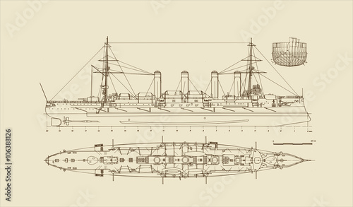 Built in 1903 old armored cruiser on a copymachine santan background. A great wall poster for a steam-punk-styled home office or an office of an engineering firm photo