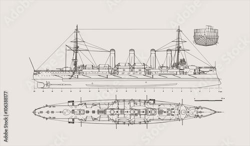 Billede på lærred Built in 1903 old armored cruiser on an aged paper background