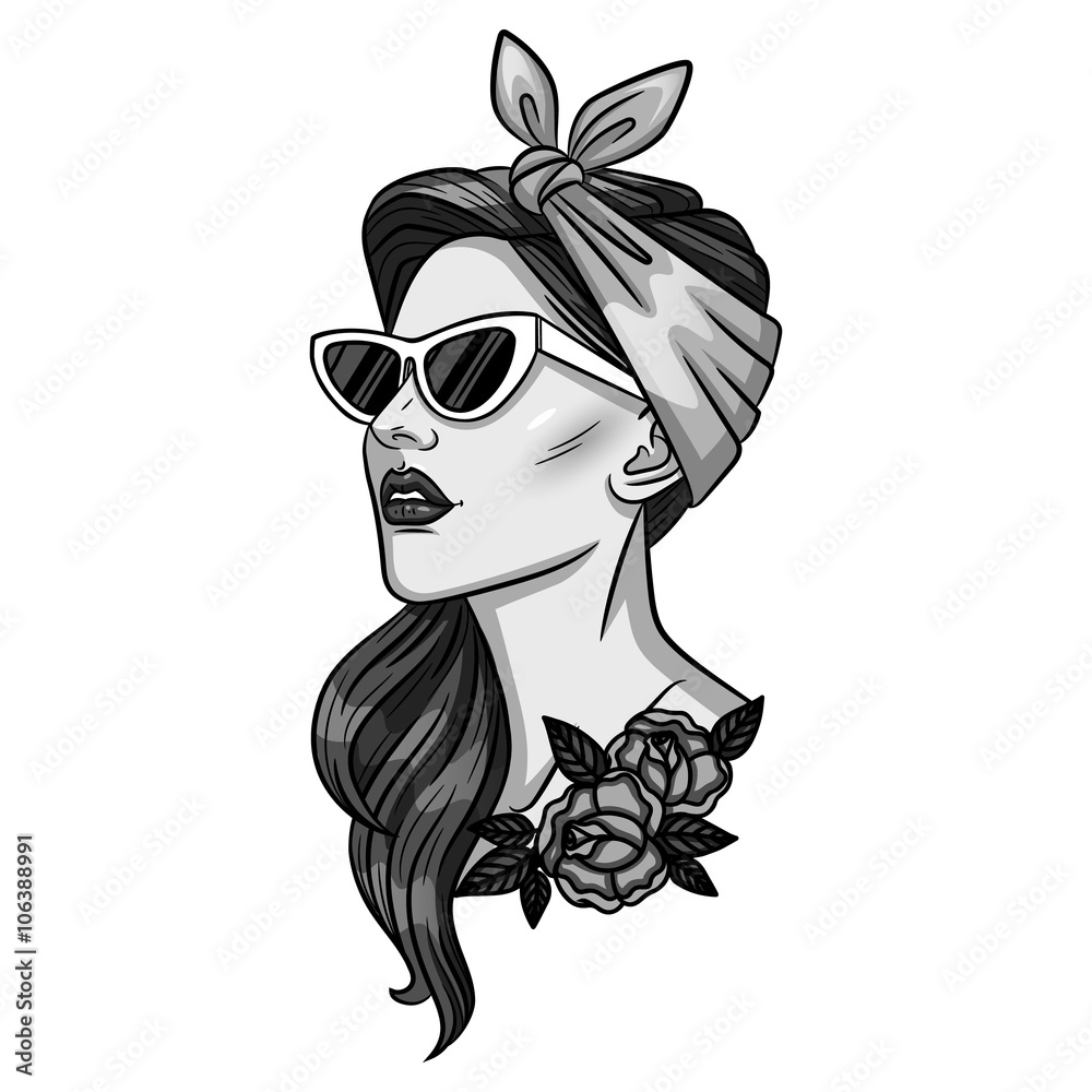 Vector black and white illustration of a girl in pin-up style. Tattoo  girl's face. Portrait of a girl. Stock Illustration