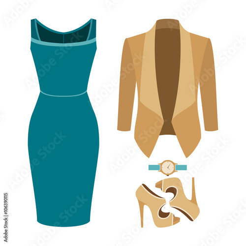 Set of trendy women's clothes with woman jacket, dress and accessories. Vector illustration