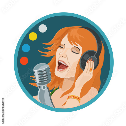 headphones music girl sings/ Icon girl sings into a microphone, listening to music on headphones and play multi-colored lights color music 