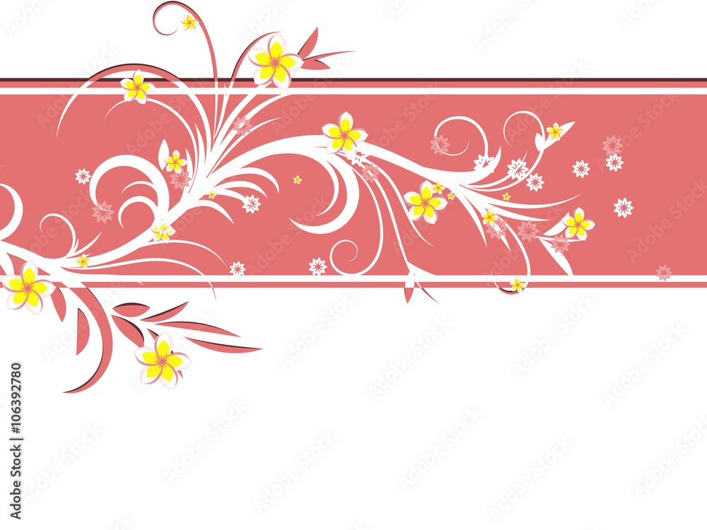 Curly pattern of flowers and petals on a white background