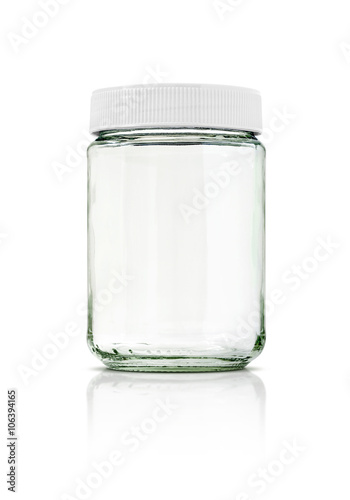 Clear glass bottle with white cap isolated on white background