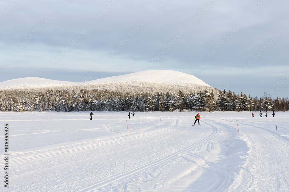 Cross-country skiing track in the mountain scenery