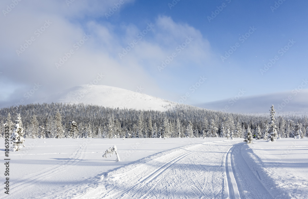 Cross-country skiing track in the mountain scenery Cross-country skiing track in the mountain scenery