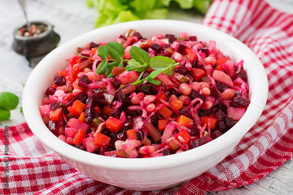 Beet salad Vinaigrette in a white bowl