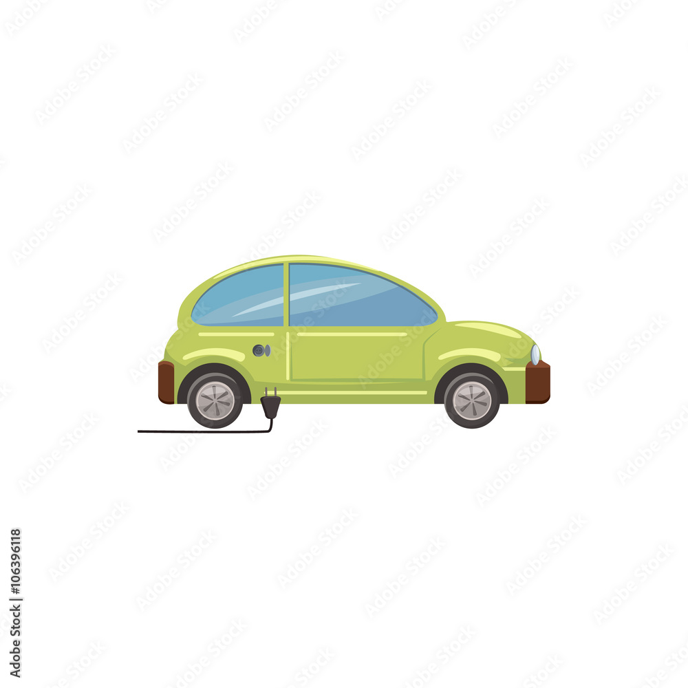Green electric car icon, cartoon style