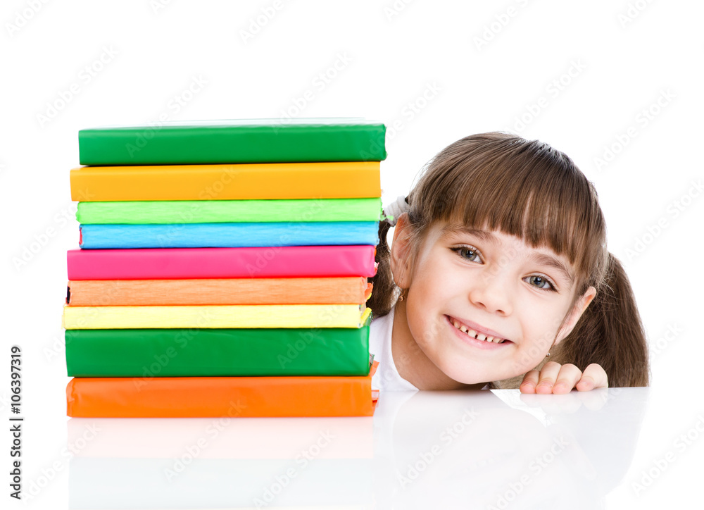 Happy schoolgirl with stack books. isolated on white background Happy schoolgirl with stack books. isolated on white background