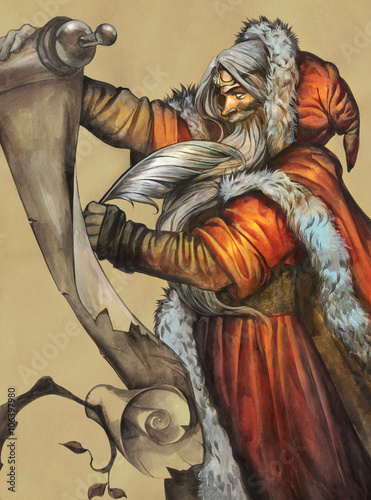 Portrait of a fantasy Santa Claus checking a long wish list
