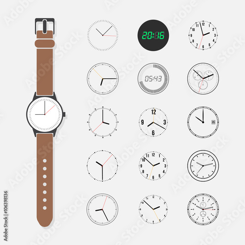 Watch face vector set. Wrist watch and a set of watch face isolated on a light background. Round watch face trendy collection. Fifteen different watch dials.