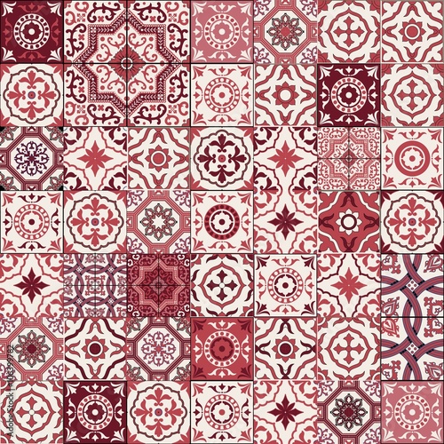 Mega Gorgeous seamless patchwork pattern from dark red and white Moroccan, Portuguese  tiles, Azulejo, Arabic ornament. Islamic art. 