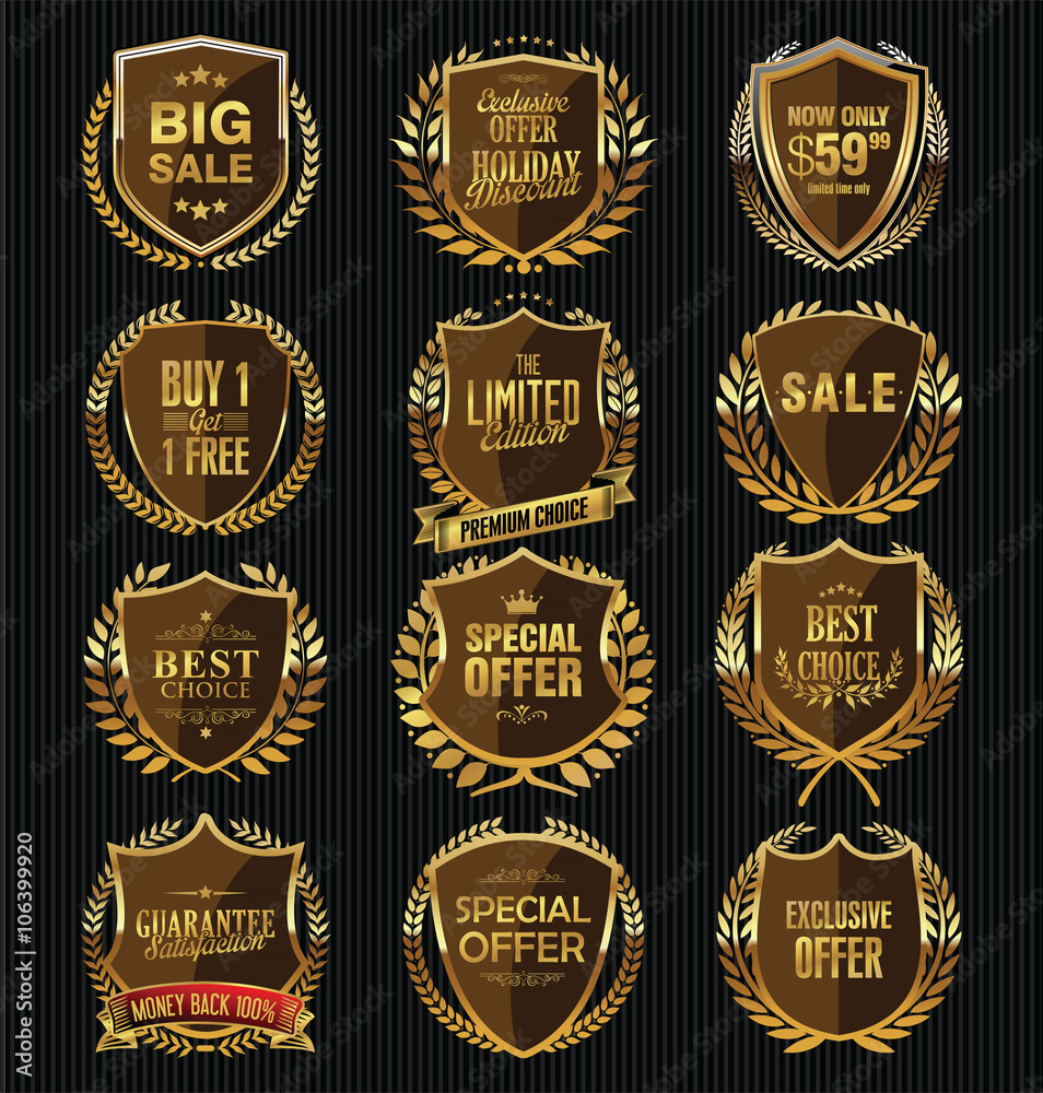 Golden shields and laurels labels collection