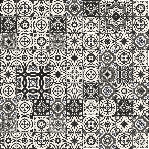 Mega Gorgeous seamless patchwork pattern from black and white Moroccan, Portuguese  tiles, Azulejo, Arabic ornament. Islamic art. 