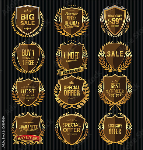 Golden shields and laurels labels collection