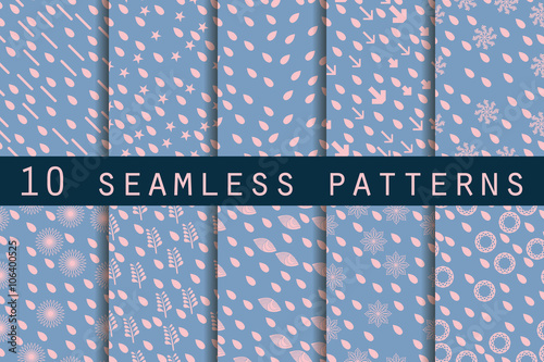 10 seamless patterns with drops. Rose quartz and serenity violet colors. The pattern for wallpaper, tiles, fabrics and designs. Vector.