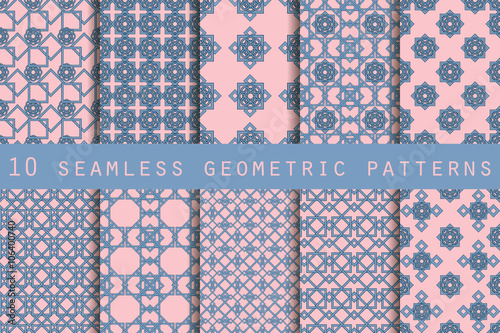 Set of 10 geometric seamless pattern. Rose quartz and serenity violet colors. The pattern for wallpaper, tiles, fabrics and designs. Vector.