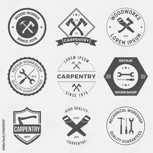 set of working tools, carpentry, workshop labels, logos, badges and design elements
