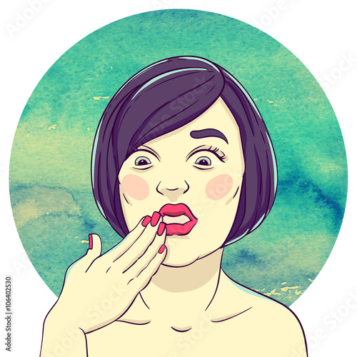 Portrait of young stunned girl with finger to her mouth