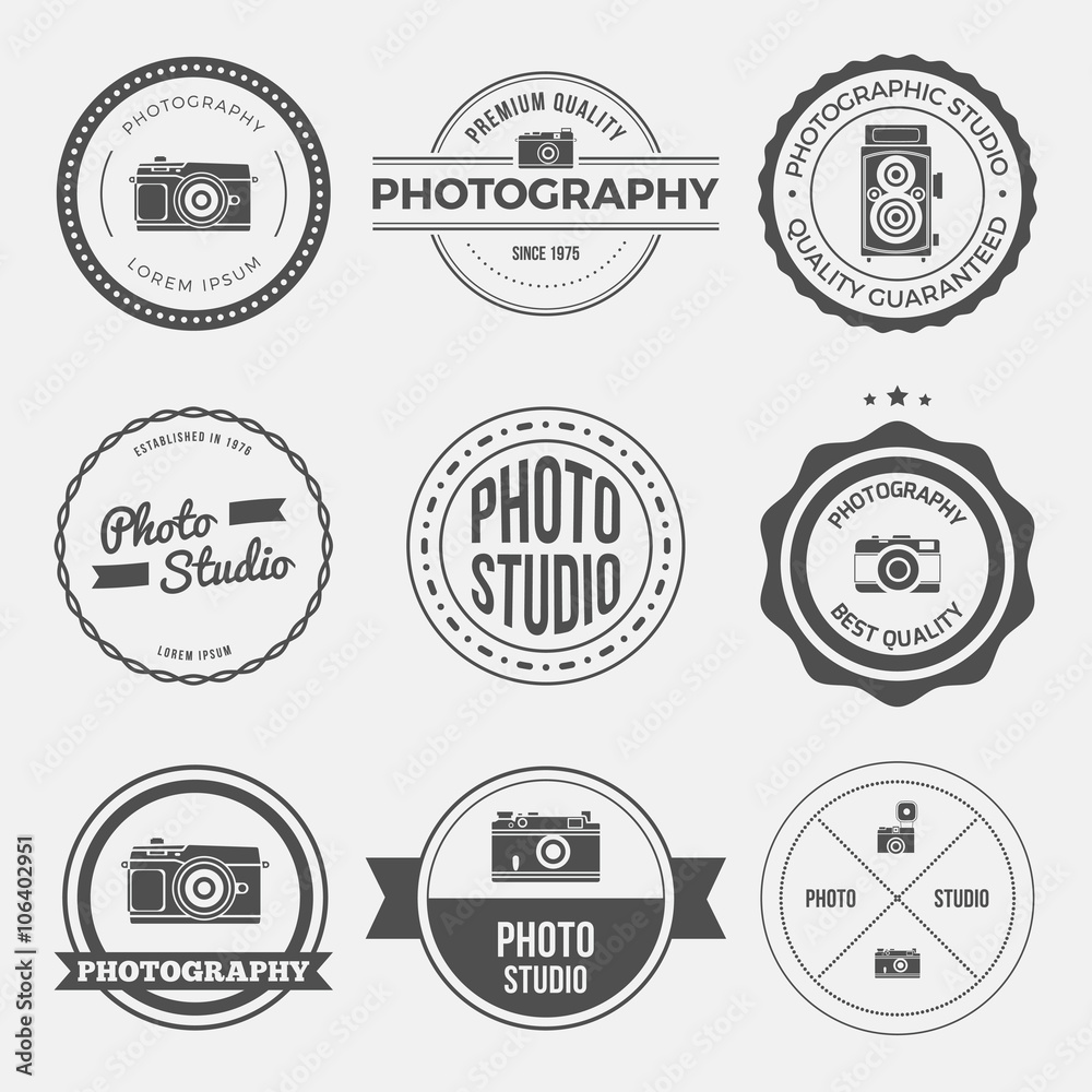 vector set of photography studio logos, badges and labels. logotype templates