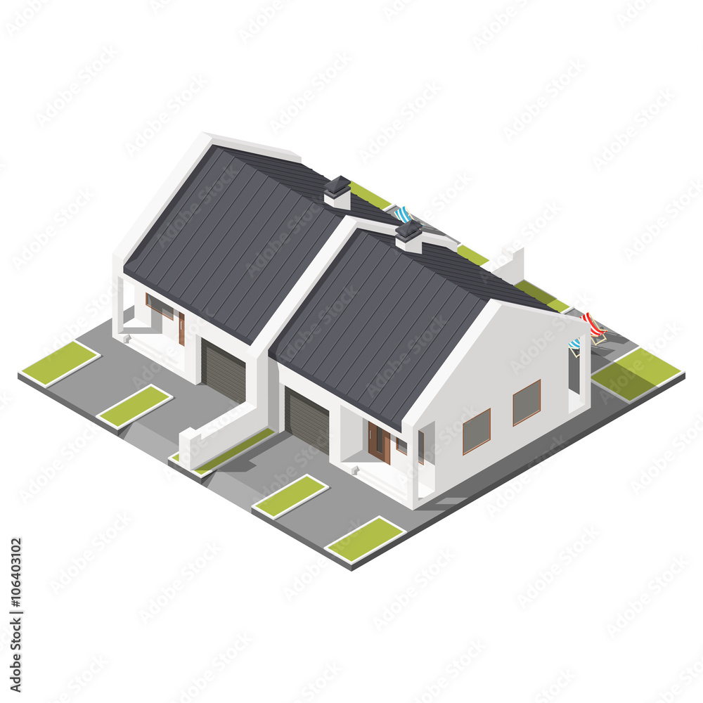 One storey connected cottage with slant roof for two families isometric icon set