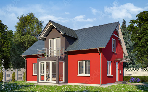 Ein rot-schwarzes Einfamilienhaus in blühender Natur.
