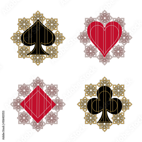 Card suit in the style of Art Deco ornament on the background. Vector.
