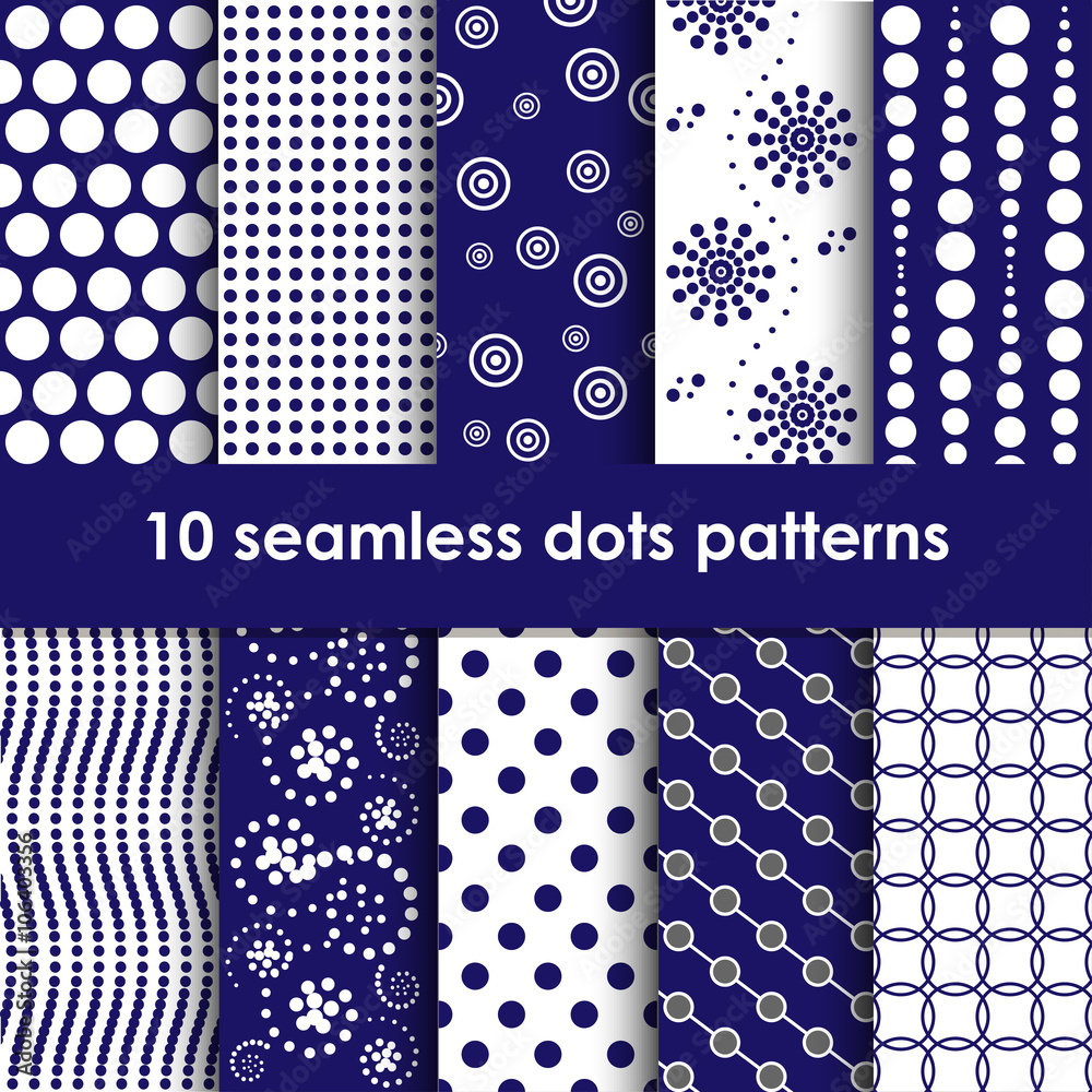 Set of blue and white seamless patterns with dots Set of blue and white seamless patterns with dots
