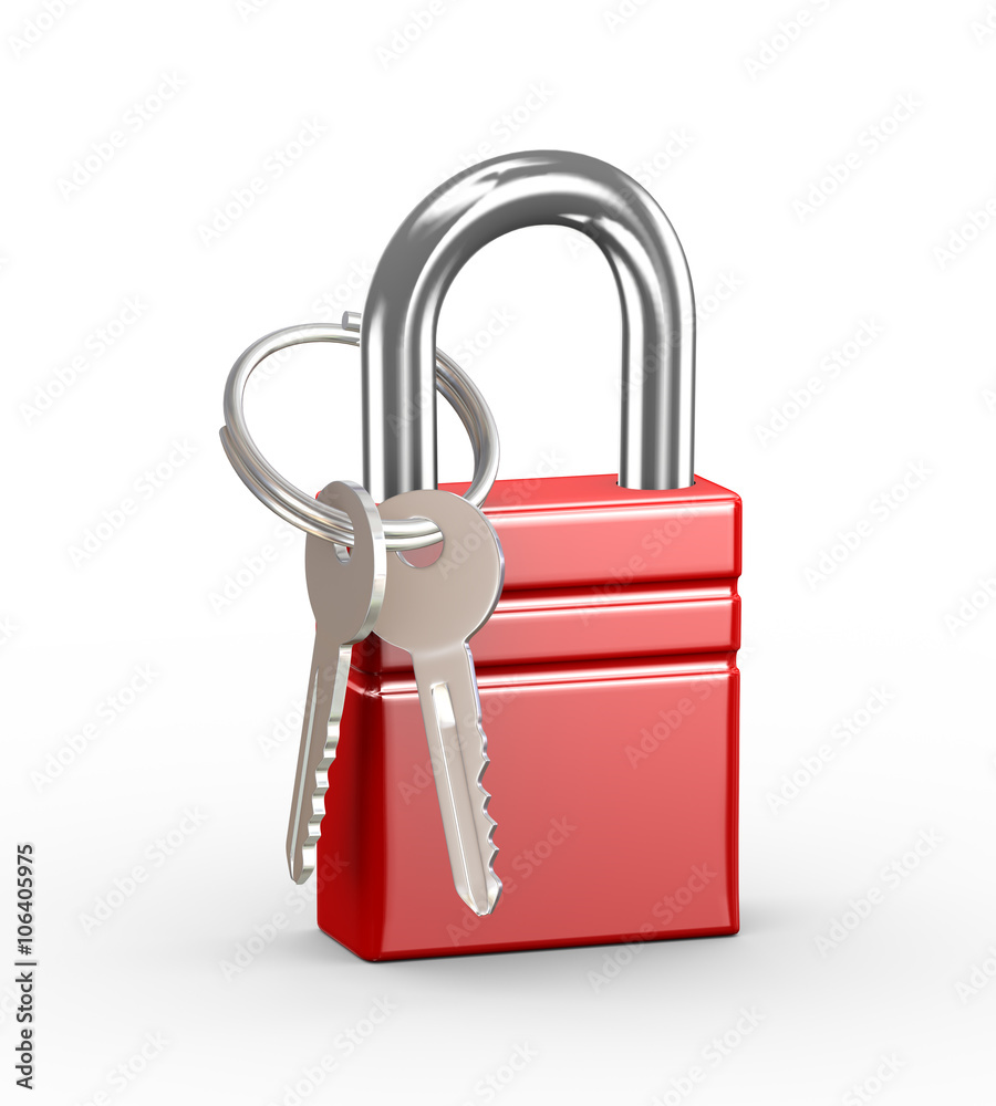 3d red padlock and keys