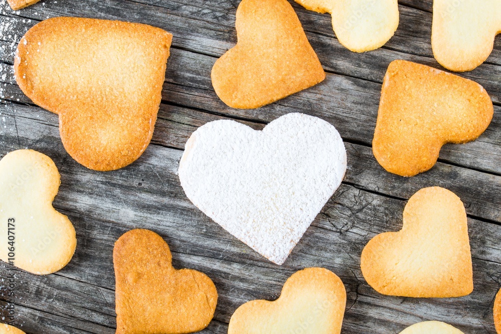 Fototapeta premium biscuits in the form of hearts, top view