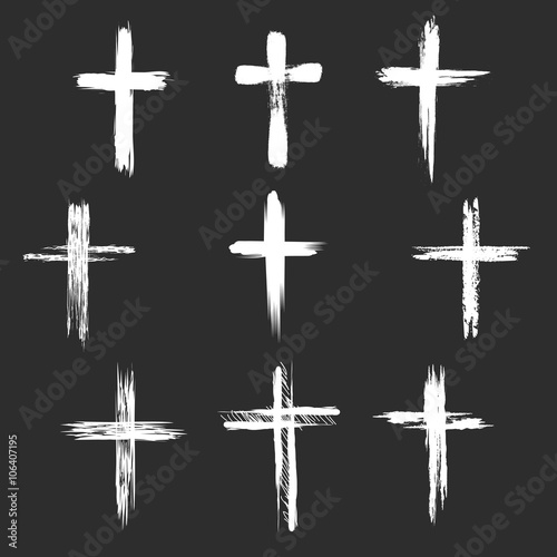 Grunge christian cross icons. White cross icons on black background. Vector illustration