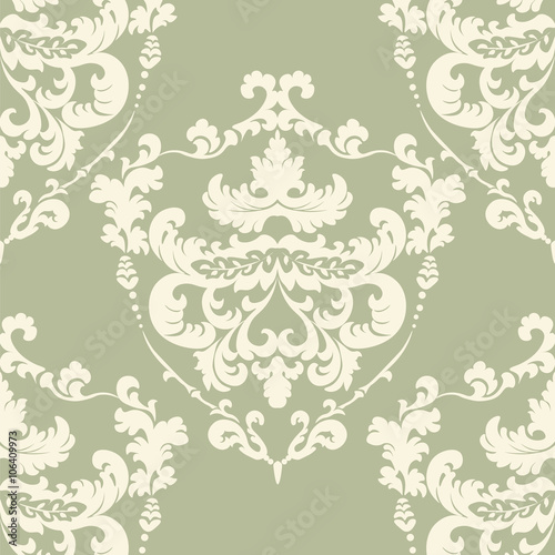 Vintage Damask Royal ornament element with floral motif.. Luxury texture for wallpapers, fabric, textile, design, wedding invitations, greeting cards, background, cards. Green Beige colors. Vector