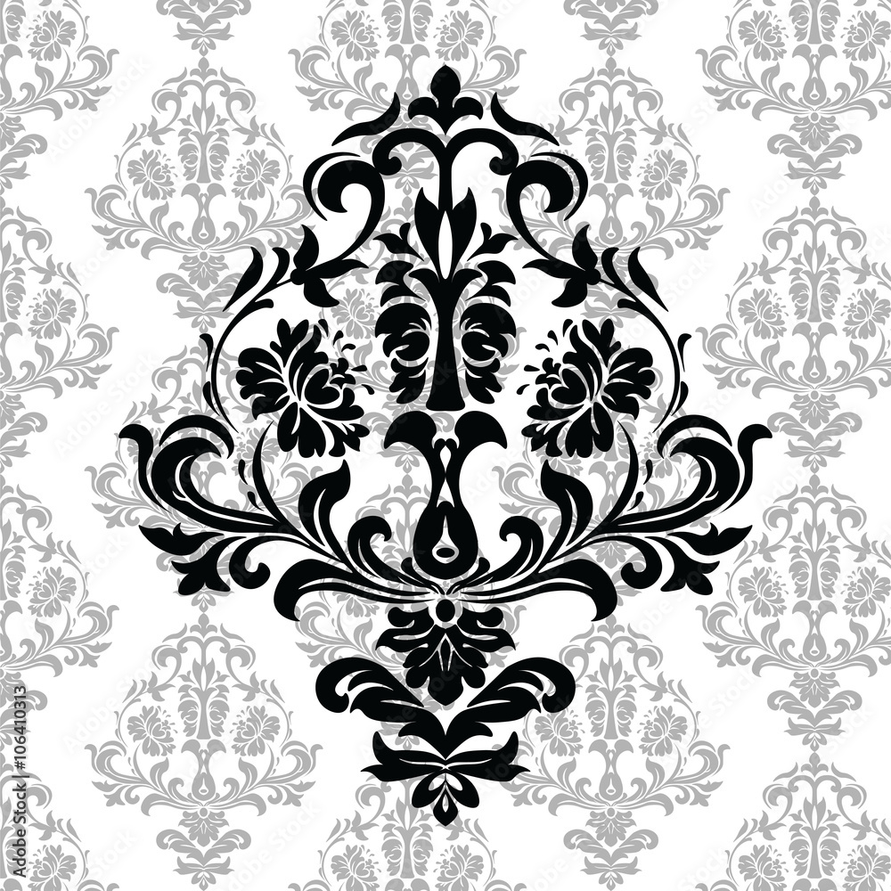 Vintage Damask Royal ornament element. Luxury texture for wallpapers, fabric, textile, design, wedding invitations, greeting cards, background, cards. Black and white colors. Vector