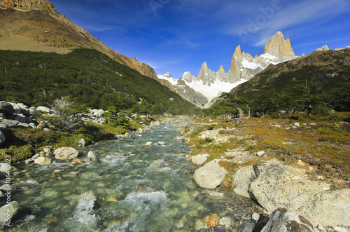 flowing river near mountain Fitz Roy in Argentina Patagonia © sergeyonas