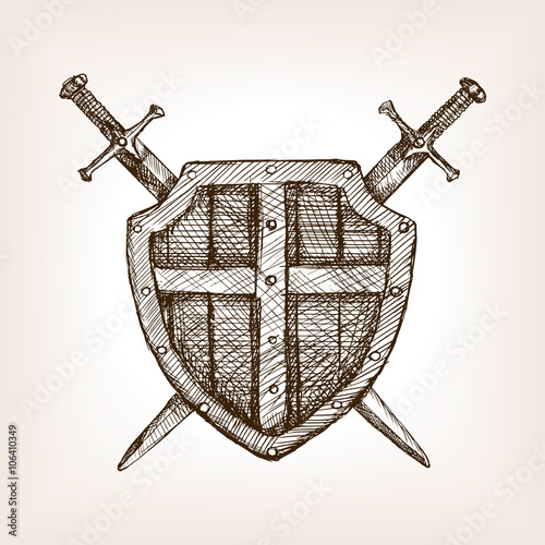 Shield and sword sketch style vector illustration