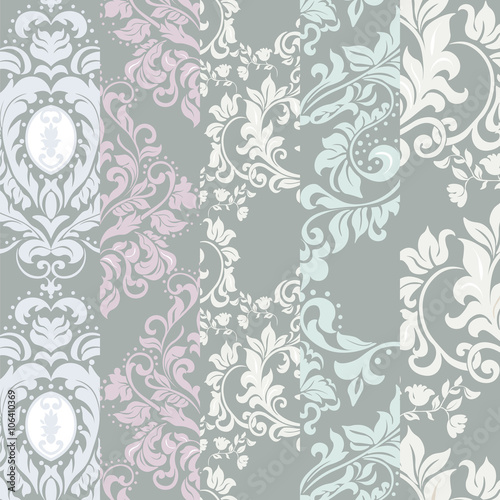 Vector floral damask ornament patterns set. Elegant luxury texture for textile  fabrics or wallpapers backgrounds. Trendy colors