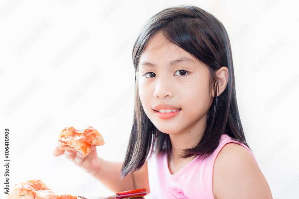 girl eating pizza, isolated on white background girl eating pizza, isolated on white background