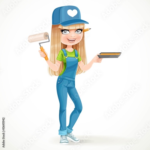 Beautiful girl in overalls holding a roller and tray with paint