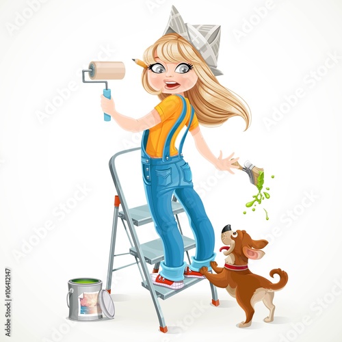 Cute girl in overalls standing on a stepladder with a paint roll