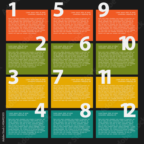 12 Twelve colorful text box with steps for infographics