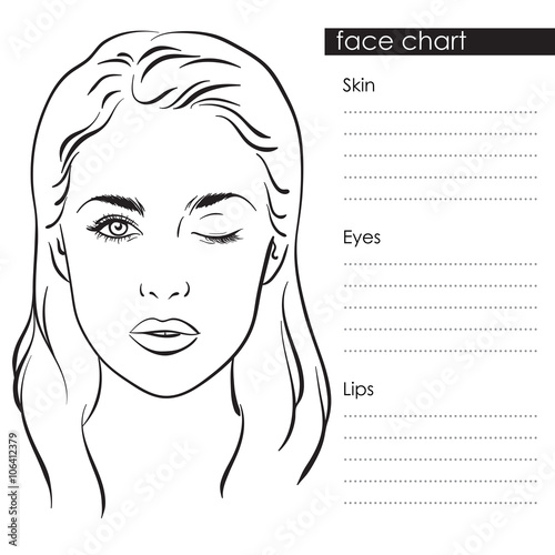 Beautiful woman with one eye closed. Face chart Makeup Artist Blank Template. Vector illustration.