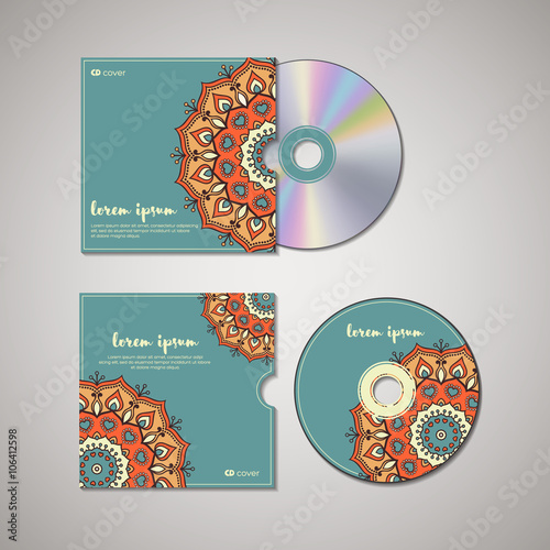 CD cover design template with floral mandala style. Arabic, indian, pakistan, asian motif. Vector illustration under clipping mask.