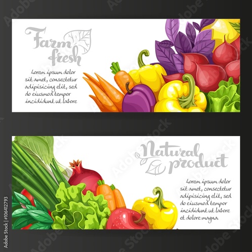 Two horizontal banners with fresh fruits and vegetables on a bla