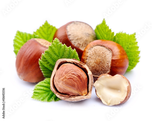 Filbert nuts with leaf